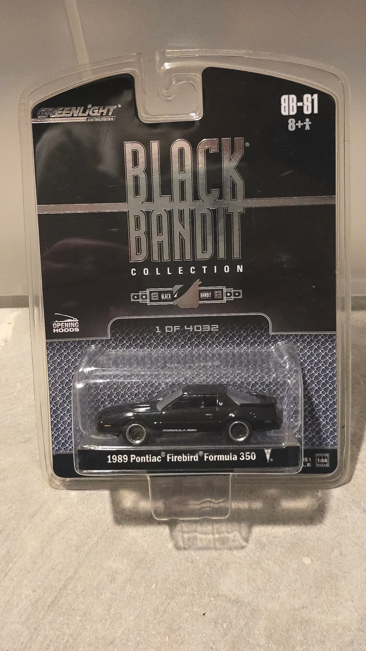 Black 1989 Pontiac Firebird Formula 350 by Greenlight, Black Bandit Collection, one of 4032, in its blister pack