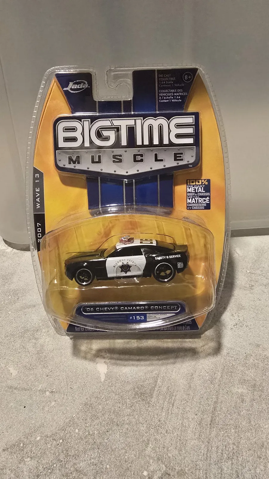 Black and white Highway Patrol 2006 Chevy Camaro Concept by Jada Toys, Big Time Muscle, in its blister pack