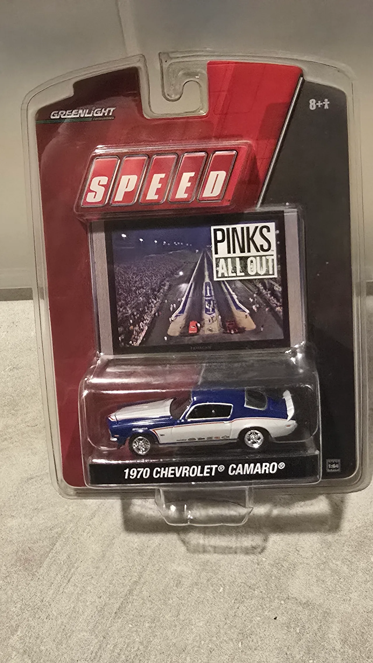Blue and white 1970 Chevy Camaro in Pinks All Out livery by Greenlight, Speed, in its blister pack