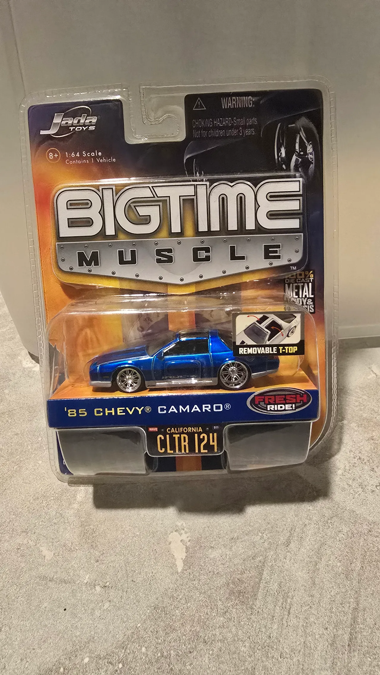 Blue 1985 Chevy Camaro with removable T-top by Jada Toys, Big Time Muscle, in its blister pack